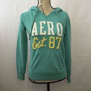 Aeropostale Y2K Teal Hoodie with Yellow and White Accents